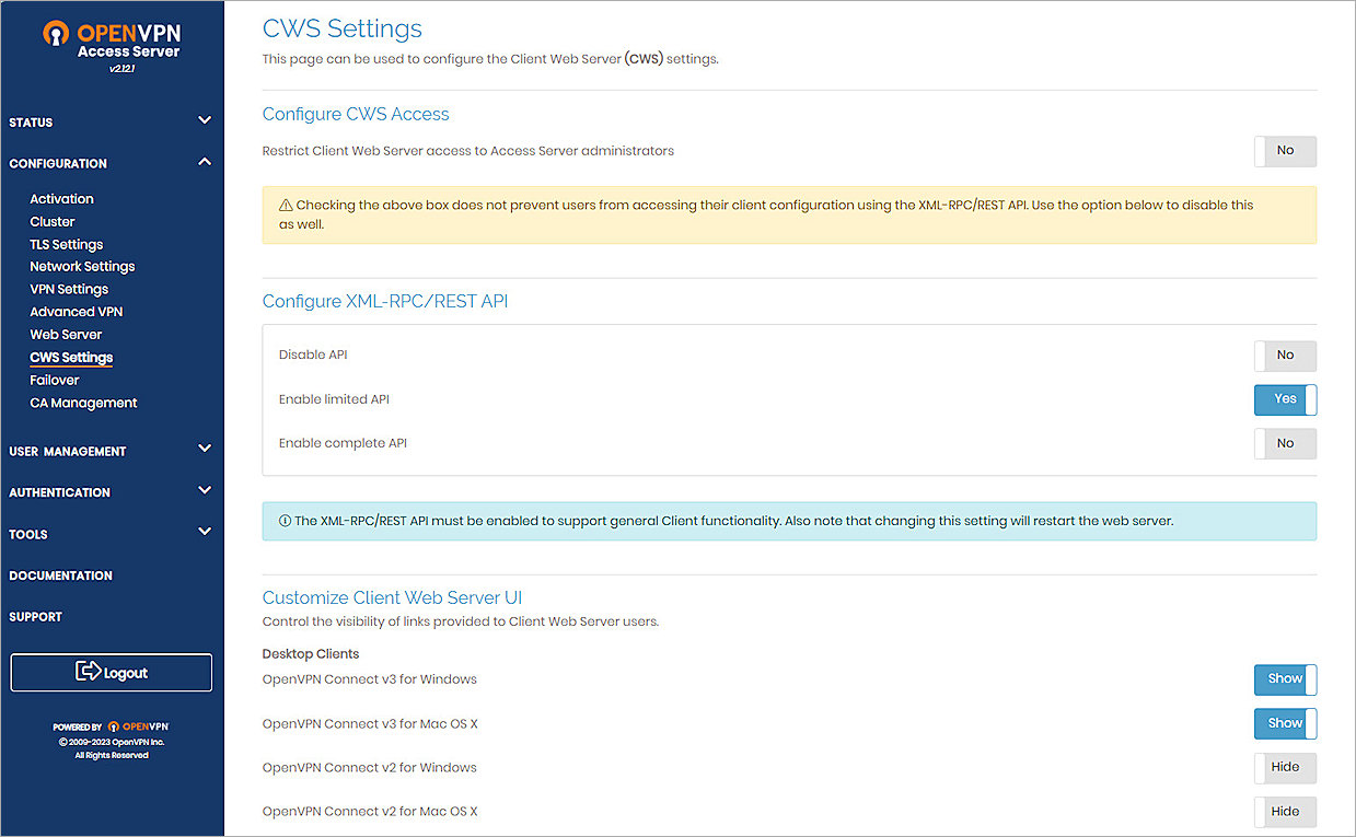 Screenshot of the OpenVPN Access Server, CWS Settings 1